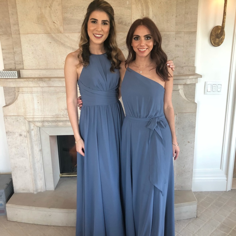 One shoulder bridesmaids dress in blue steel